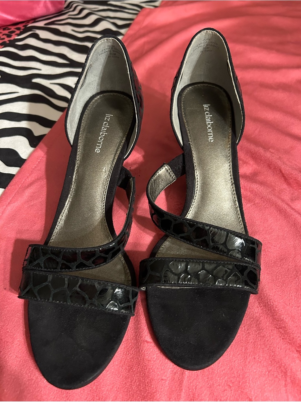 Liz Claiborne Black Croc-Embossed Strappy Open-Toe Heels